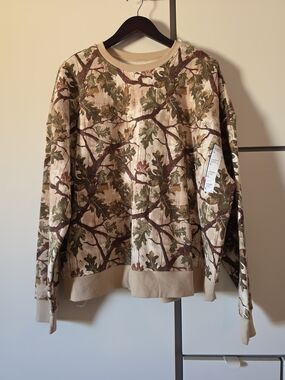 Original Use Beige Crewneck Sweater with Olive & Brown Oak Leaf Print